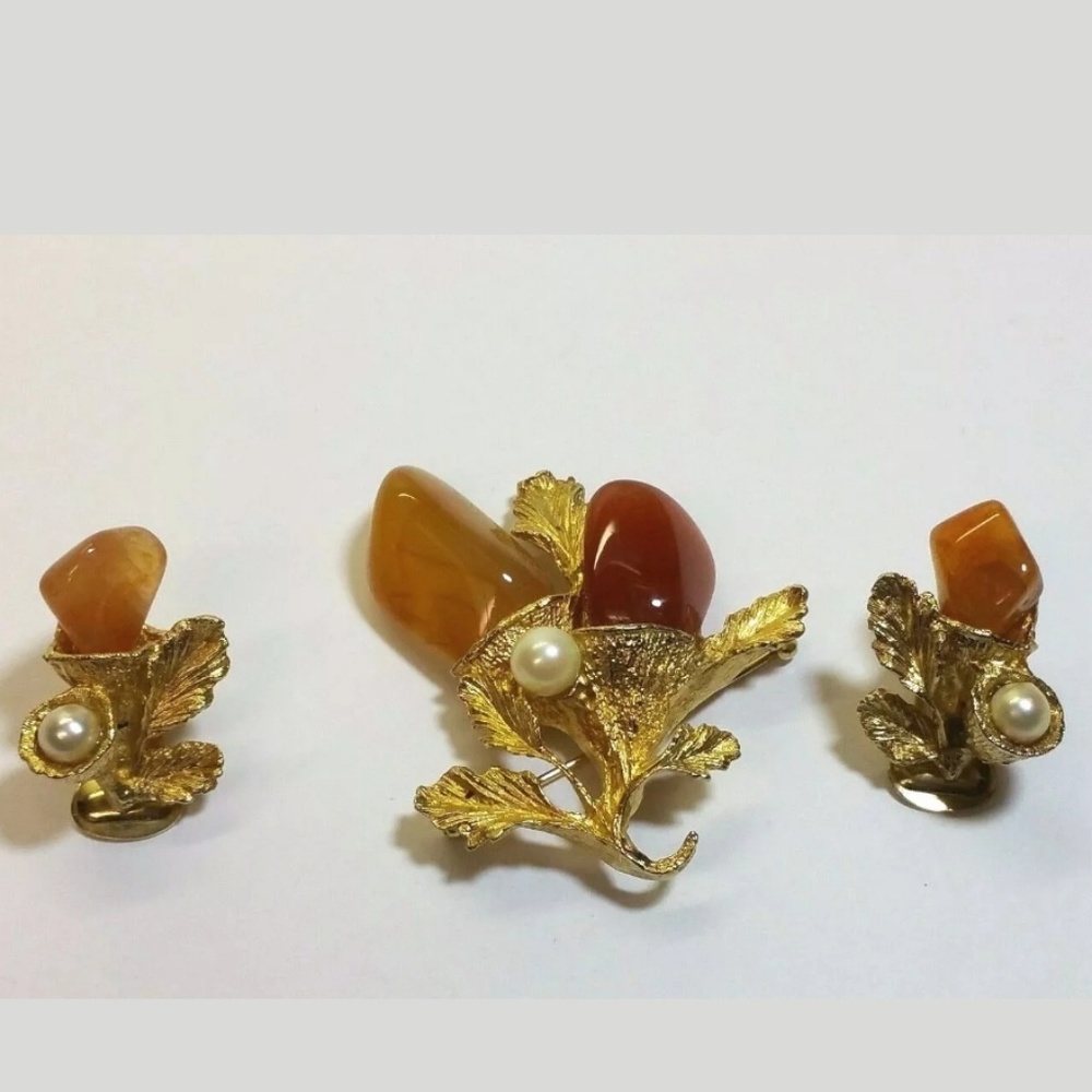 Swoboda Carnelian Vtg Brooch/Clipon Earings